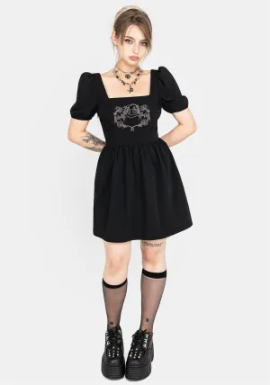 Vampyrum Bat Embroidered Puff Sleeve Mini Dress Casual Fit Look