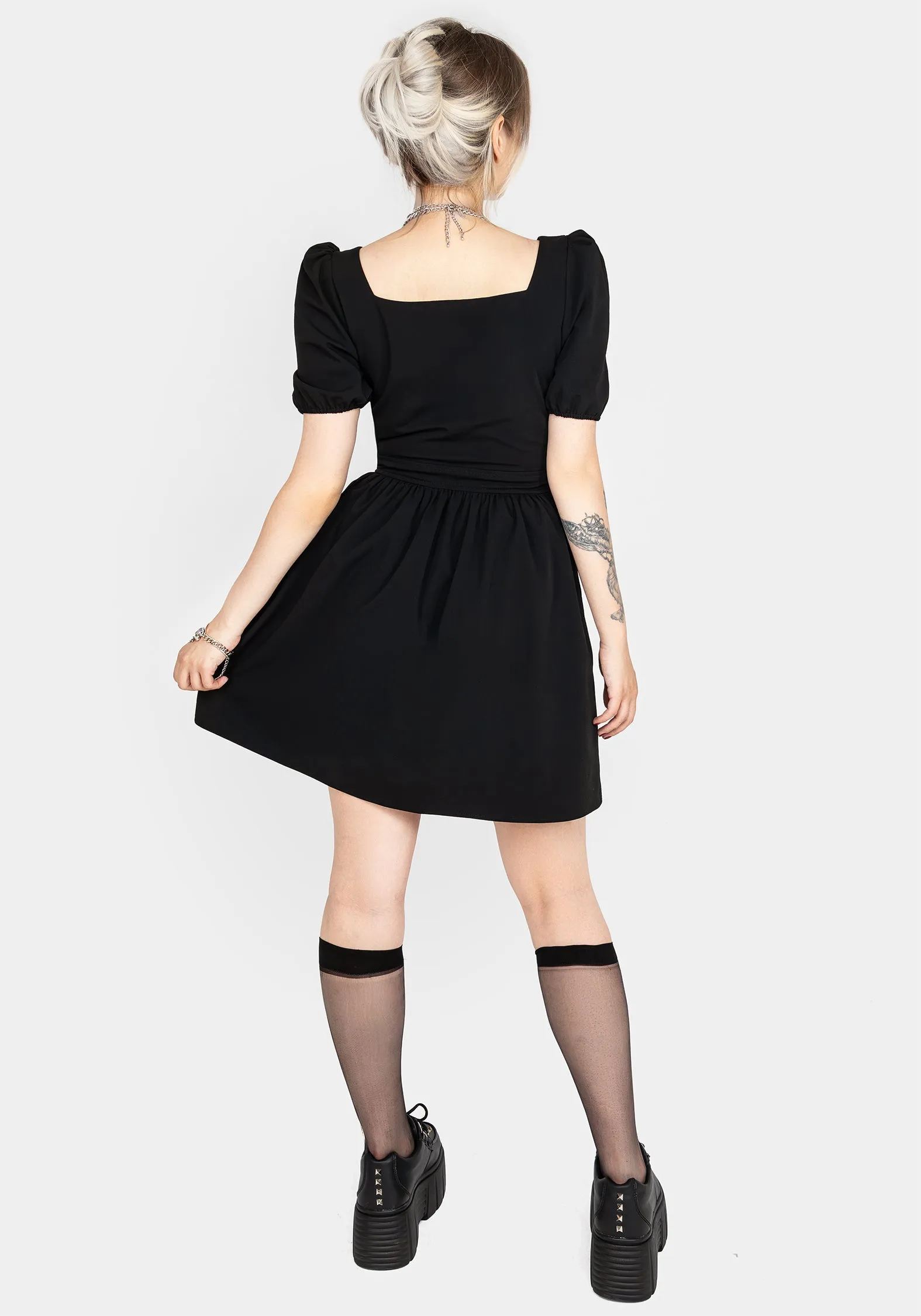 Vampyrum Bat Embroidered Puff Sleeve Mini Dress Show Skin