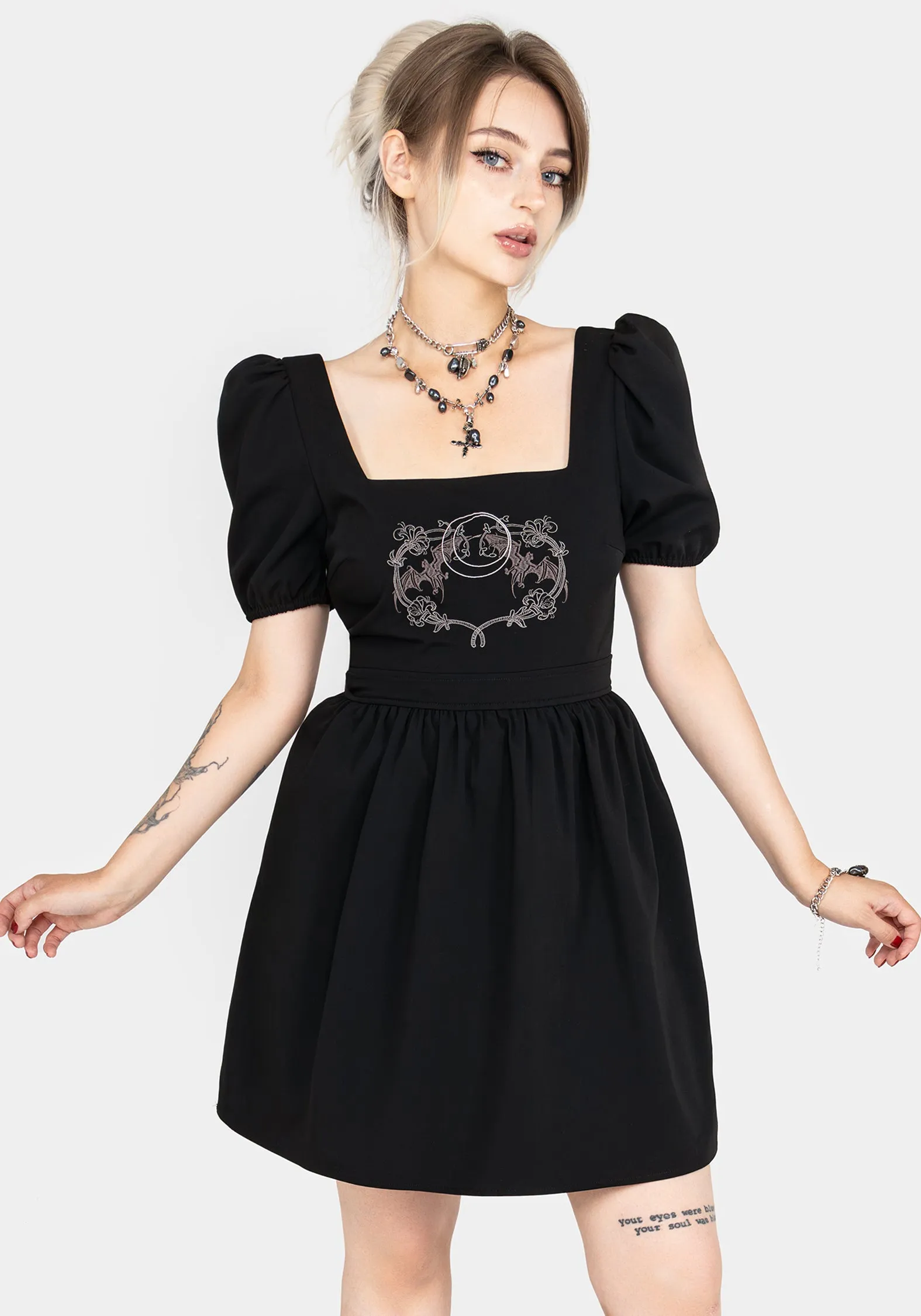 Vampyrum Bat Embroidered Puff Sleeve Mini Dress Quick Dry Textile