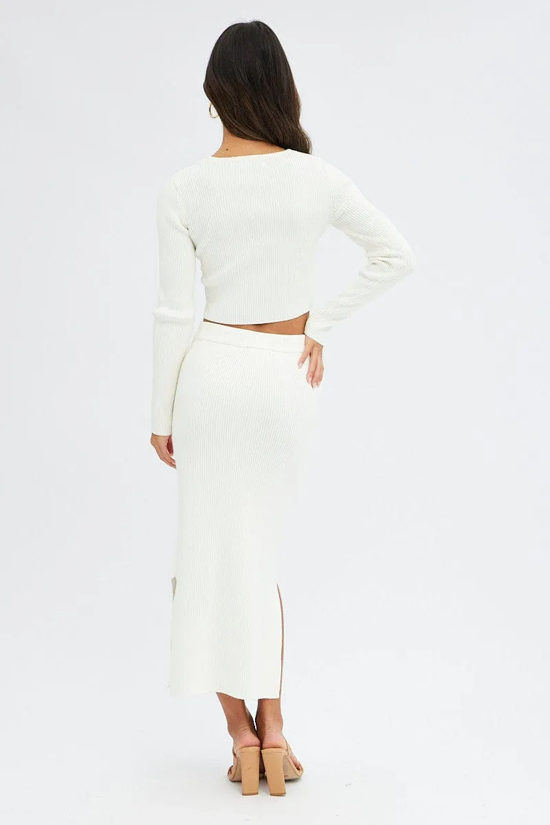 White Knit Skirt High Rise Ribbed Midi Street Vibe