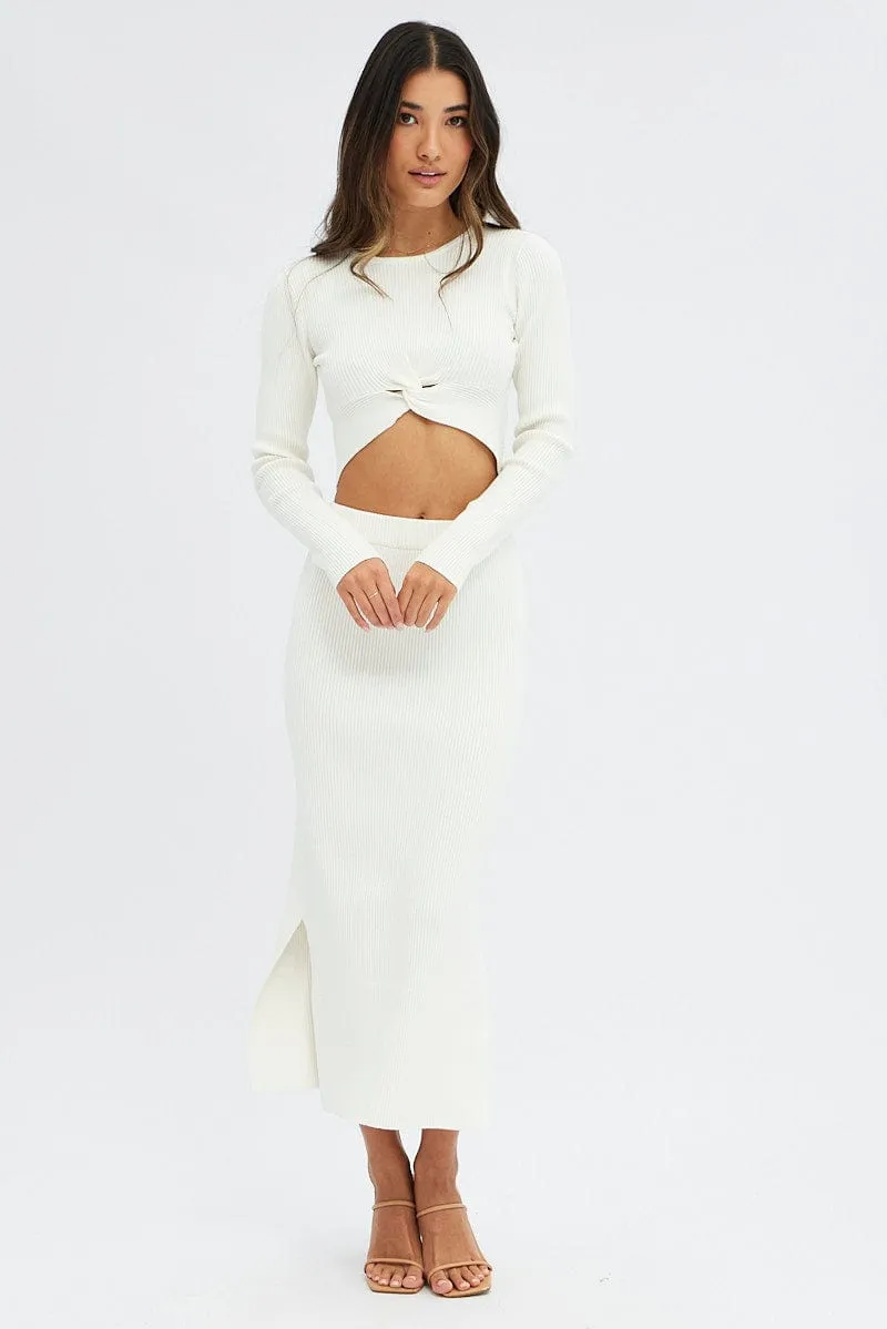 White Knit Skirt High Rise Ribbed Midi Tear Resistant Material Classic Look