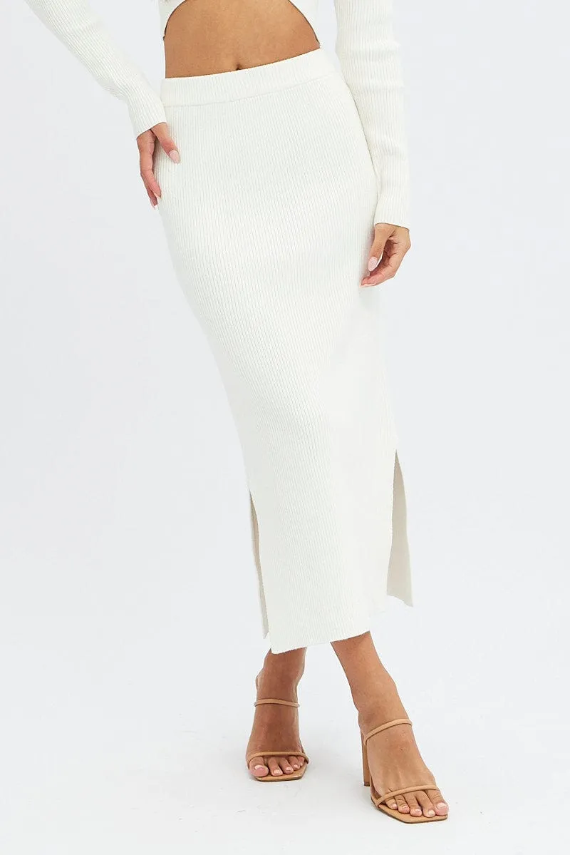 Casual Style White Knit Skirt High Rise Ribbed Midi