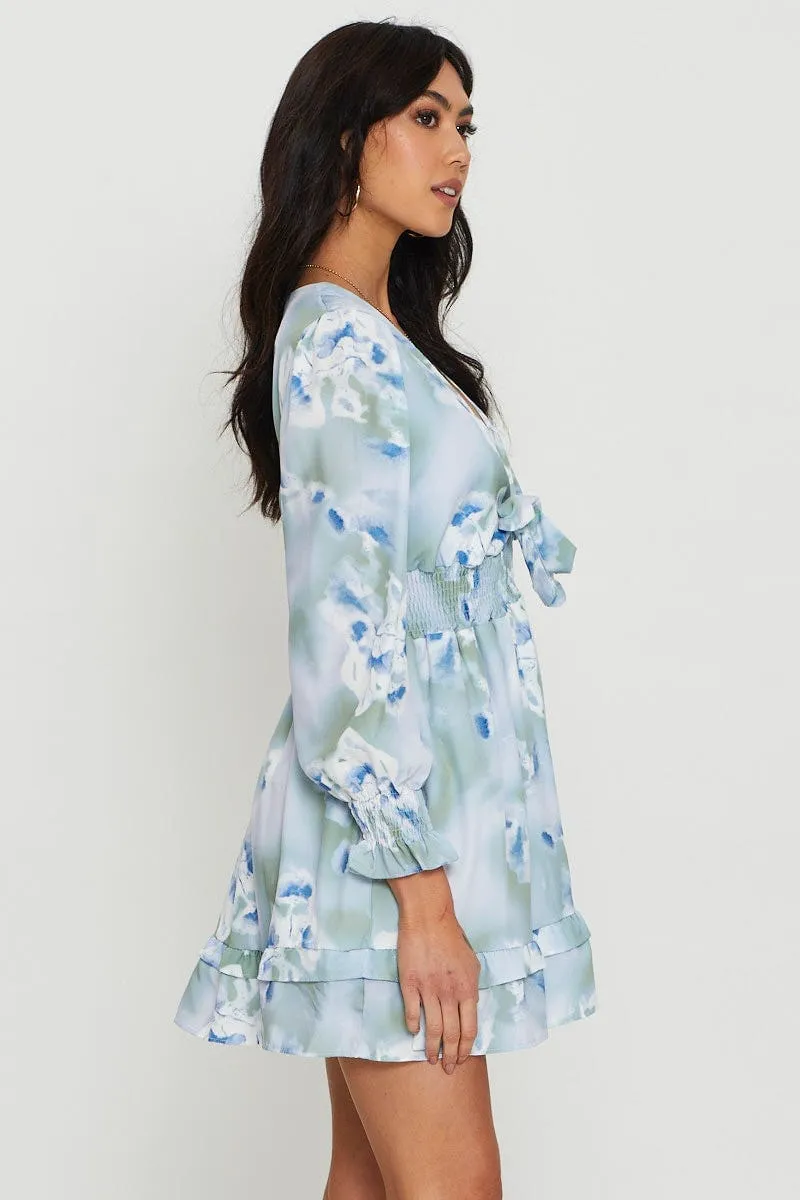 Snag Free Playful Design Abstract Print Mini Dress Long Sleeve