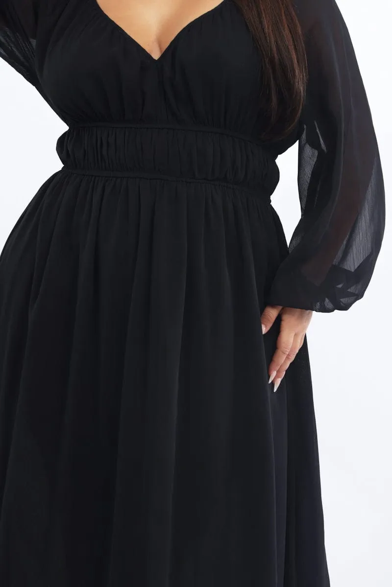 Easy Fit Black Midi Dress Long Sleeve Chiffon