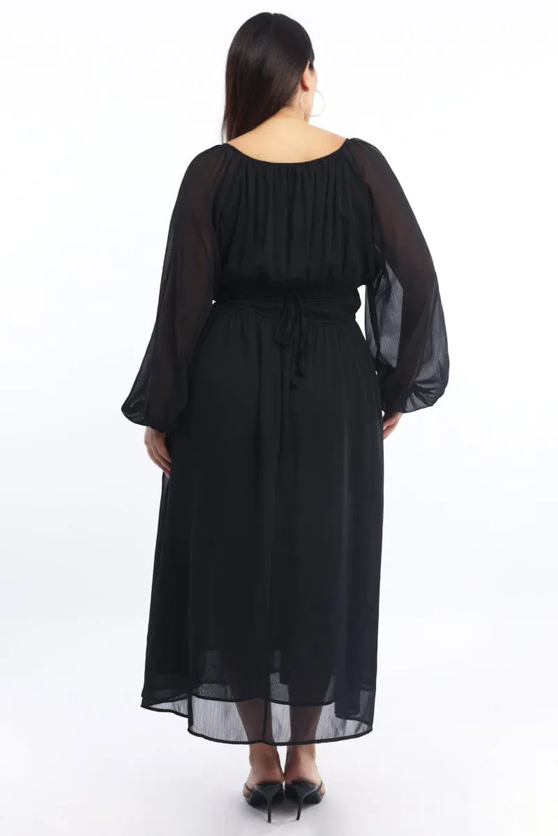 Black Midi Dress Long Sleeve Chiffon Feminine Design Trendy Outfit