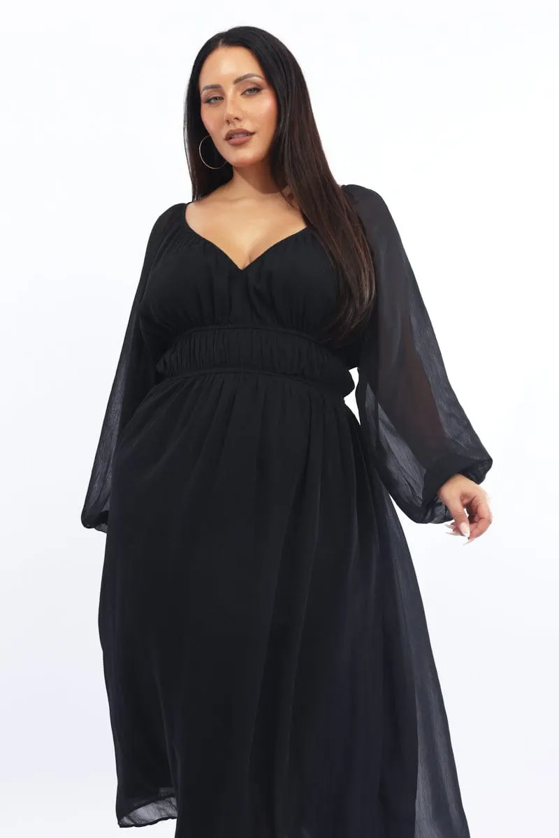 Black Midi Dress Long Sleeve Chiffon Smart Layer