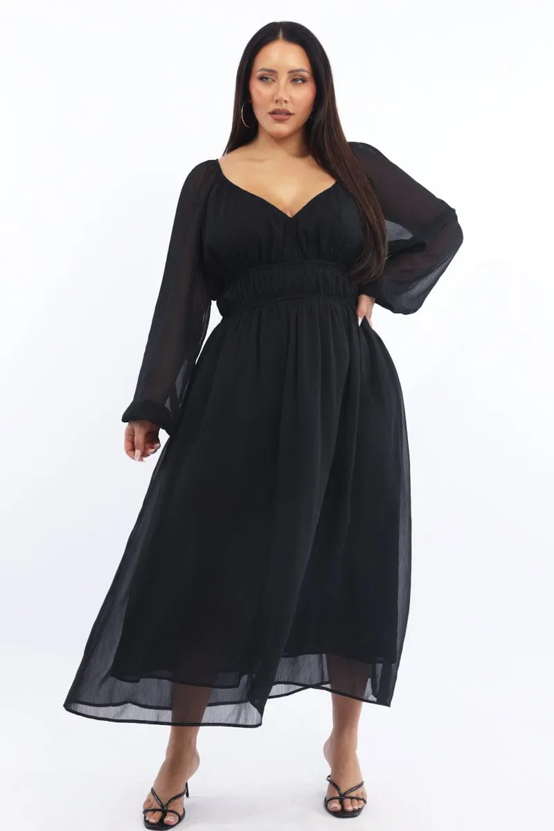 Stylish dress for garden party Black Midi Dress Long Sleeve Chiffon