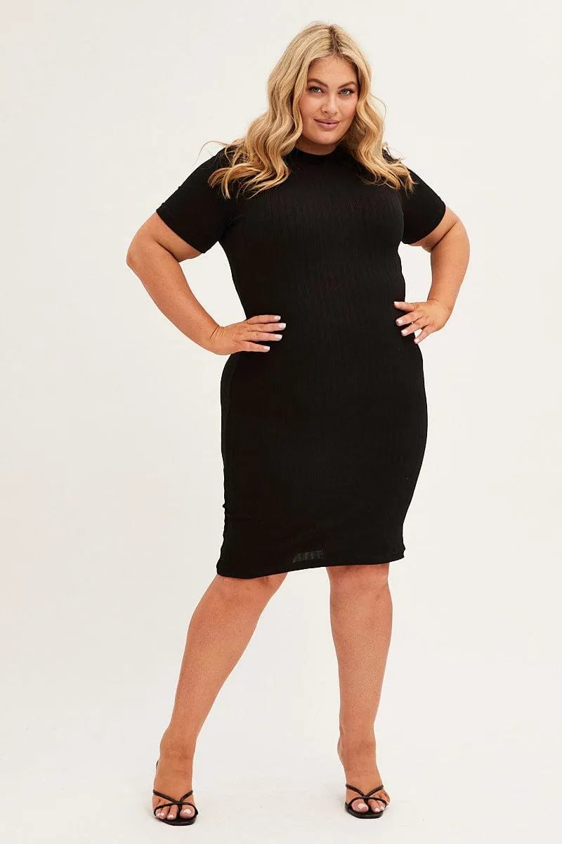 Black Midi Dress Short Sleeve Rib Jersey Bodycon Wave Touch