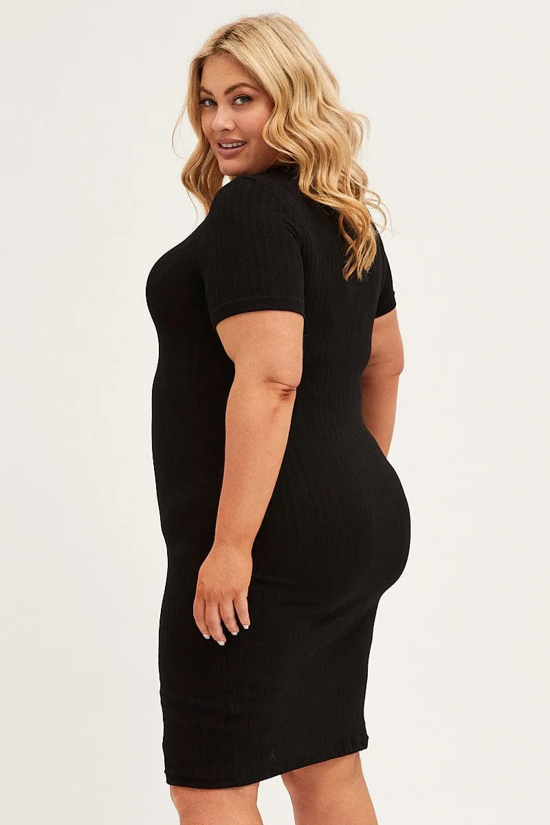 Stylish semi-formal dress Black Midi Dress Short Sleeve Rib Jersey Bodycon