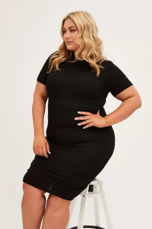 Black Midi Dress Short Sleeve Rib Jersey Bodycon Bridal Mood