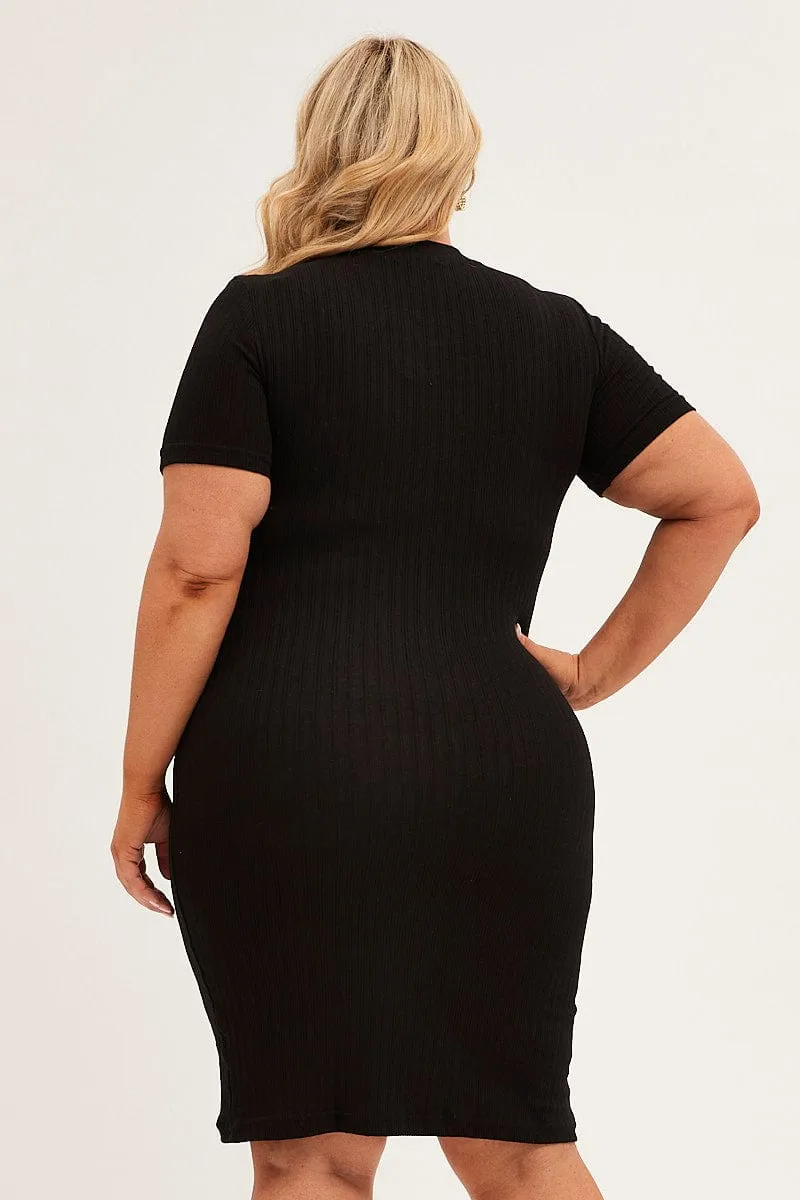 Black Midi Dress Short Sleeve Rib Jersey Bodycon Flower Lane pack light