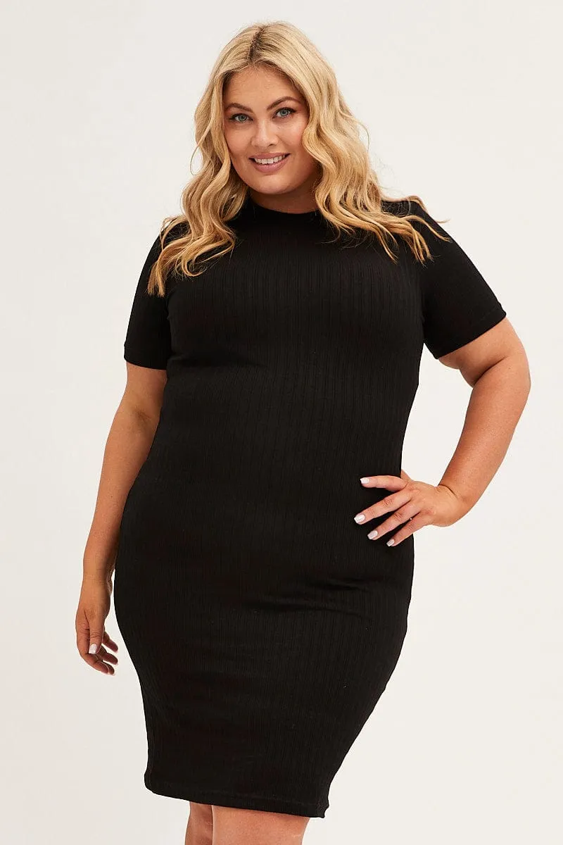 Black Midi Dress Short Sleeve Rib Jersey Bodycon Italian Flair