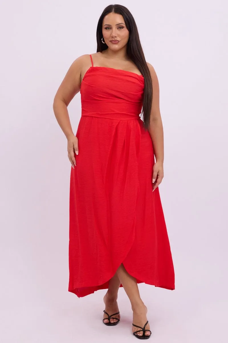 Red Midi Dress Sleeveless Wrap Front Weekend Wear Simple and timeless piece