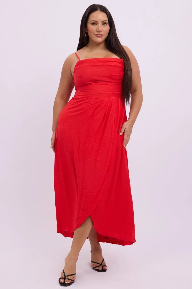 Red Midi Dress Sleeveless Wrap Front Temple Way