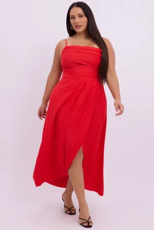 Classic Comfort Timeless silhouette Red Midi Dress Sleeveless Wrap Front