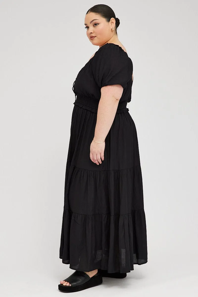 Black Midi Dress Short Sleeve Tiered Cut Out Versatile Design
