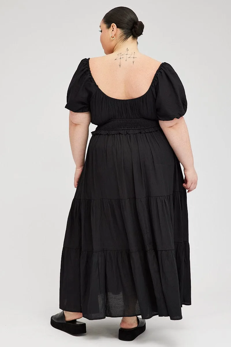 All Day Style Versatile Black Midi Dress Short Sleeve Tiered Cut Out