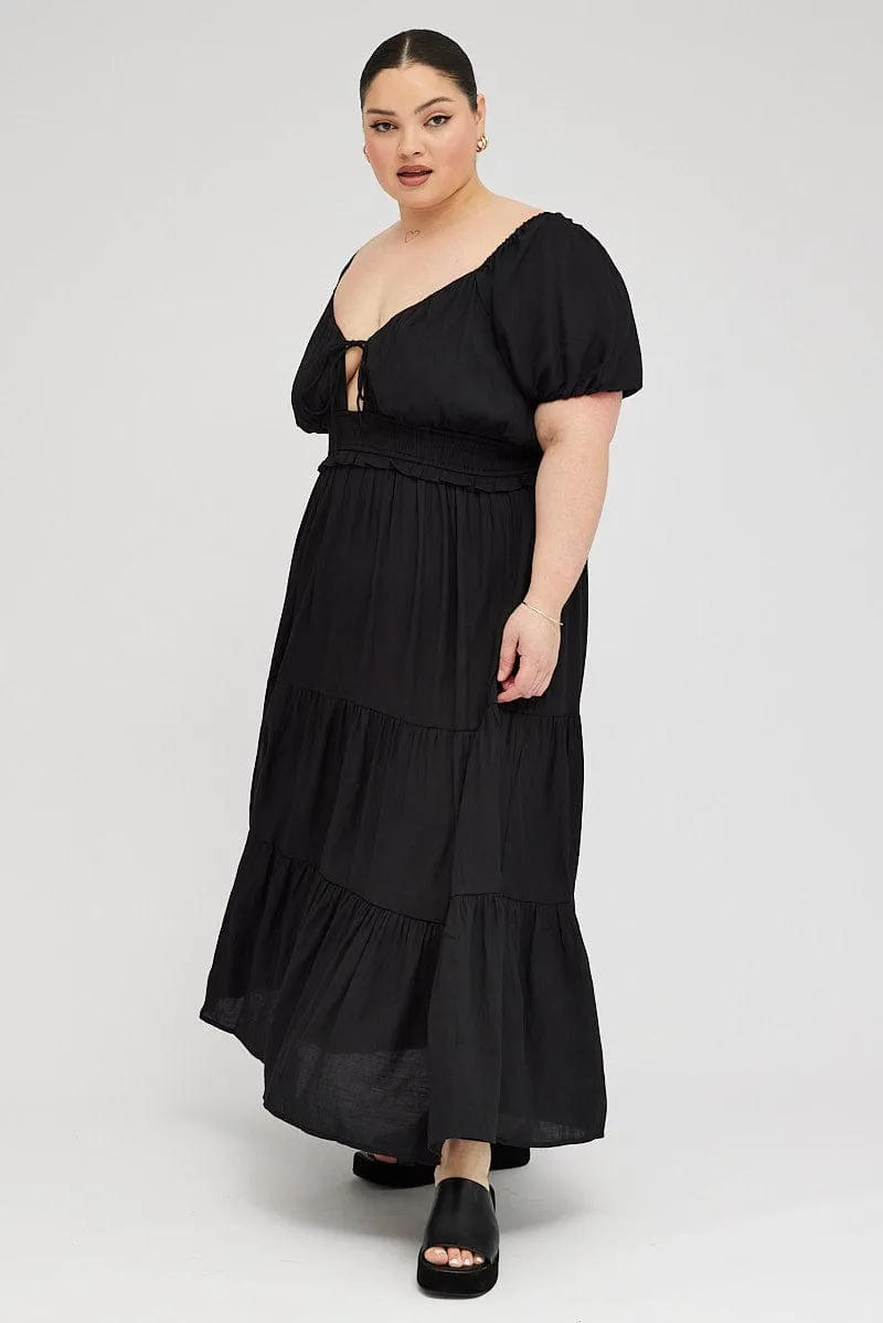 Daily Comfort Black Midi Dress Short Sleeve Tiered Cut Out