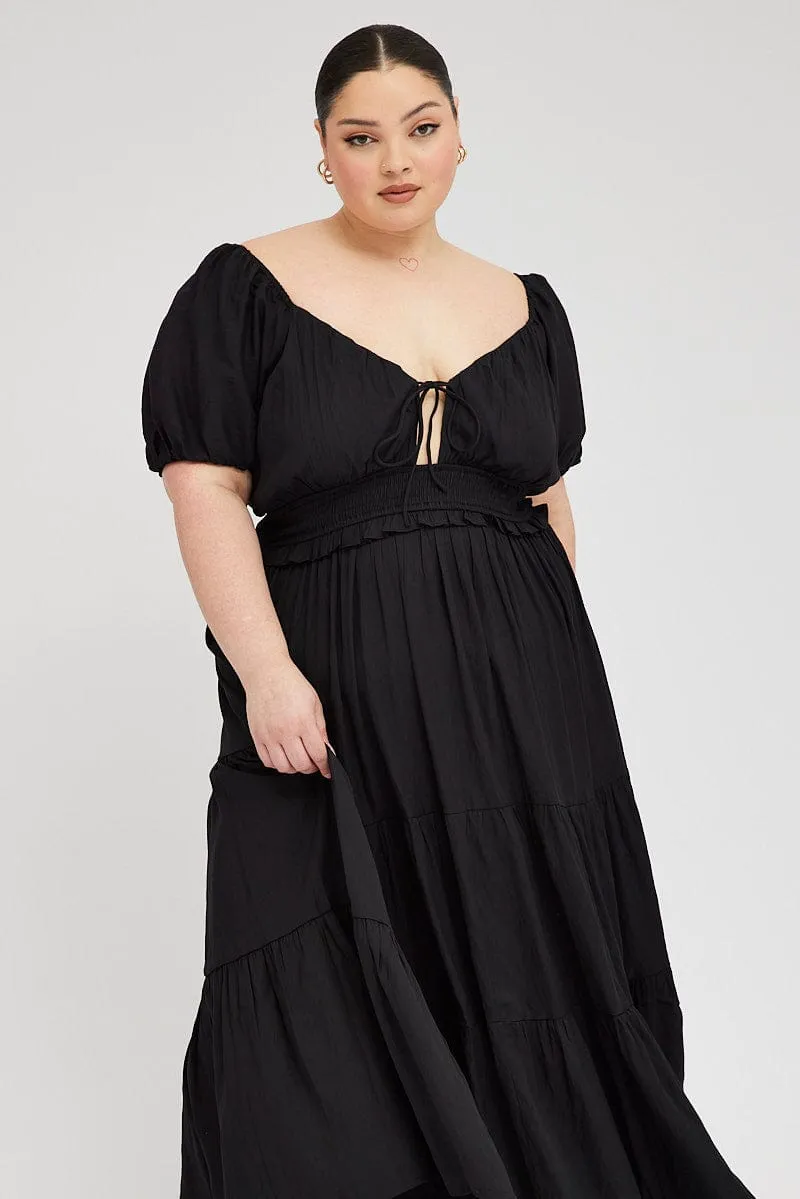 Black Midi Dress Short Sleeve Tiered Cut Out Plaza Walk Windy Ready