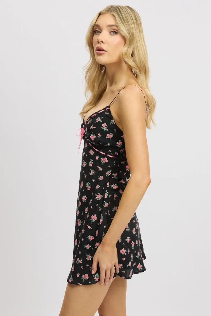 Simple Style Black Ditsy Mini Dress V-Neck Strappy