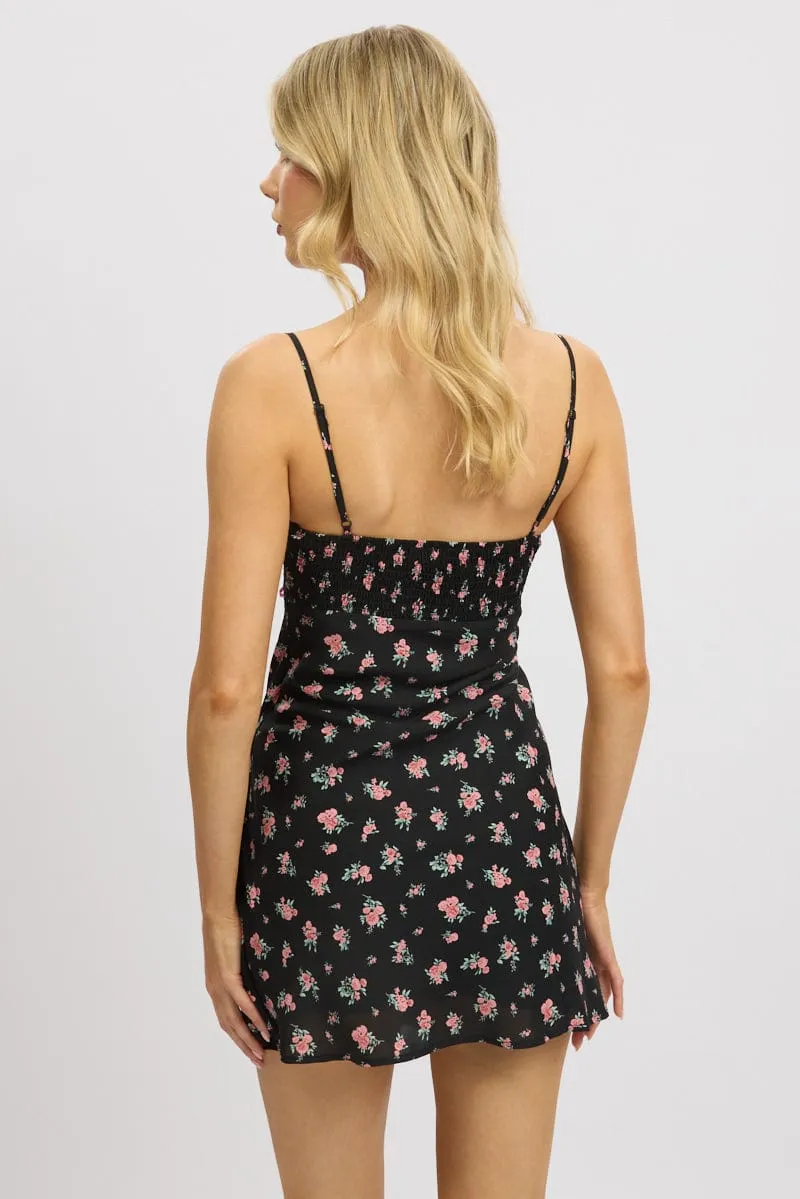Chic dress for outings Black Ditsy Mini Dress V-Neck Strappy
