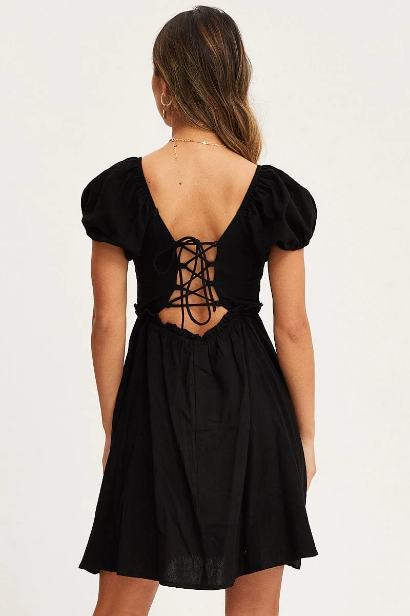 Casual Day Look Trendy Vibe Black Mini Dress Short Sleeve Square Neck