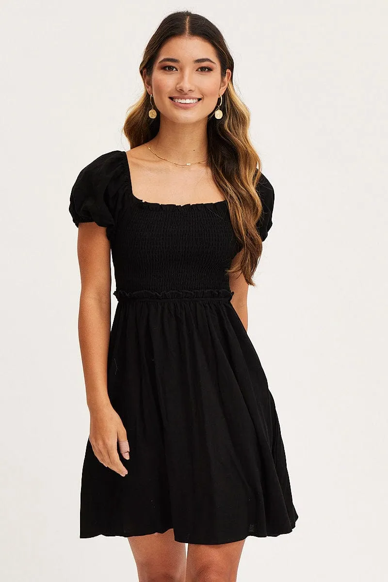 Beat Fresh Bold print mini dress Black Mini Dress Short Sleeve Square Neck