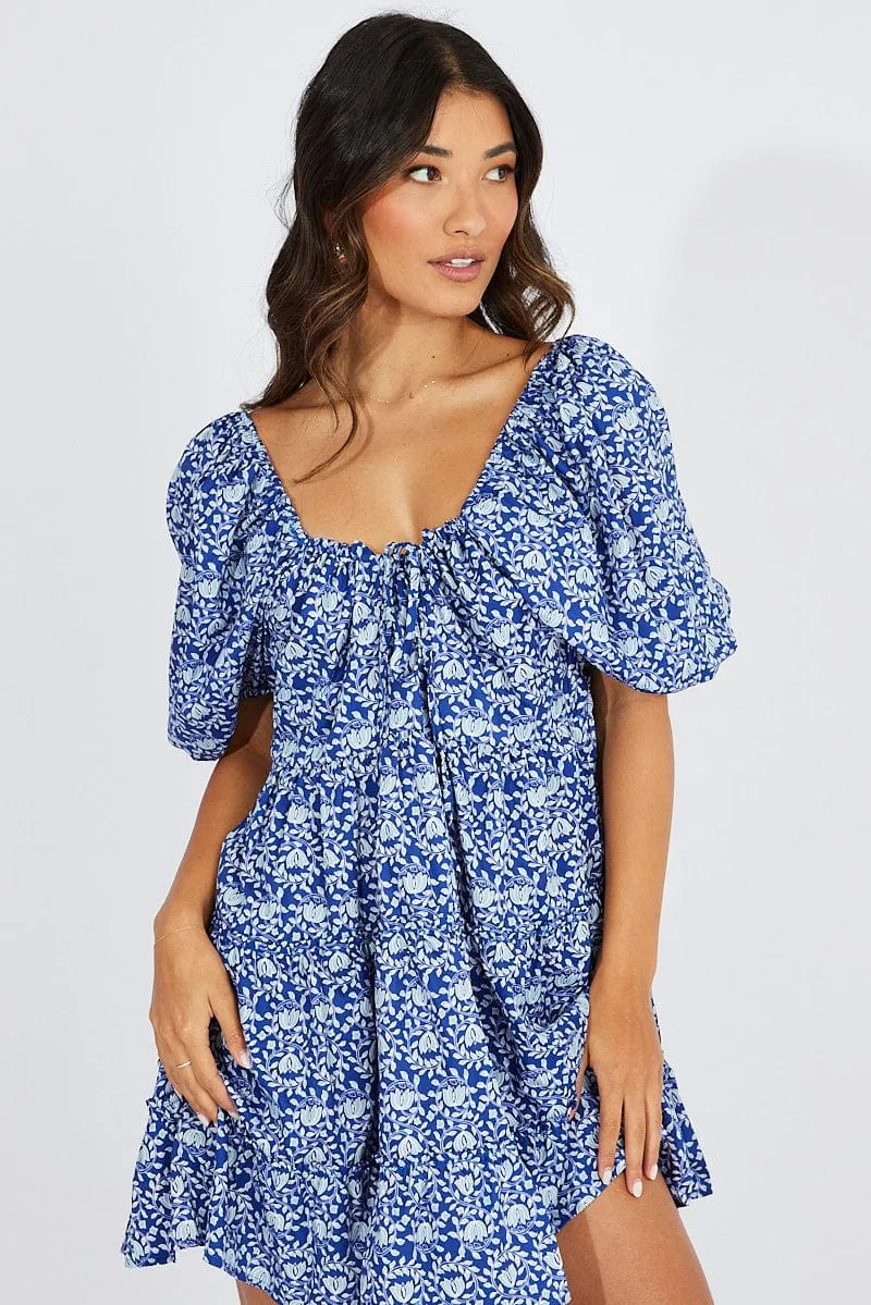 Recycled Polyester Material Party Light Blue Floral Fit And Flare Mini Dress Puff Sleeve