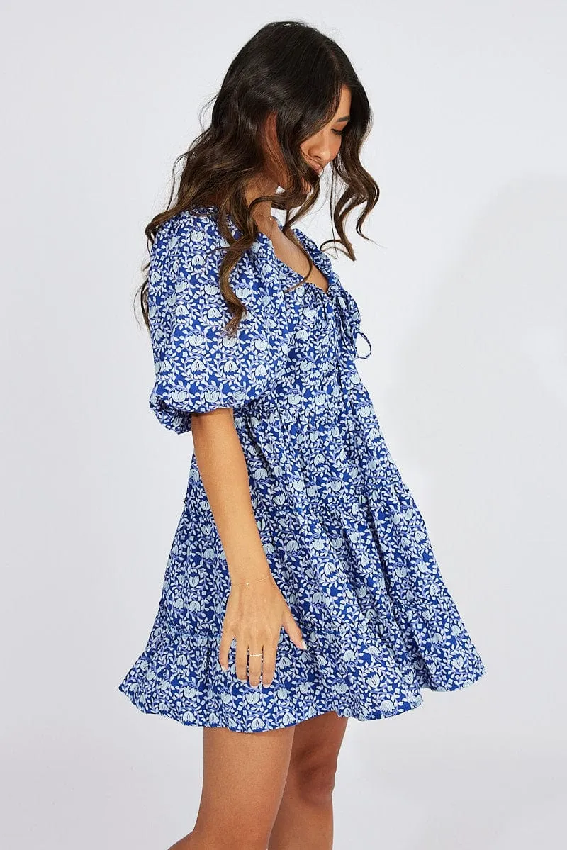 Blue Floral Fit And Flare Mini Dress Puff Sleeve Elasticized Waistband Casual chic outfit