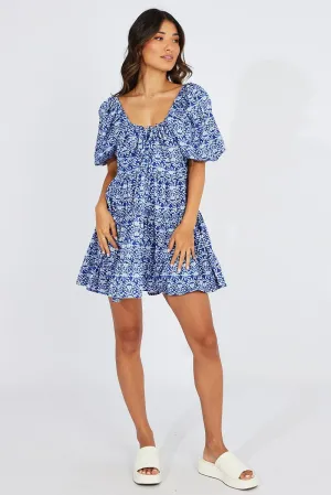 Blue Floral Fit And Flare Mini Dress Puff Sleeve Urban Glow