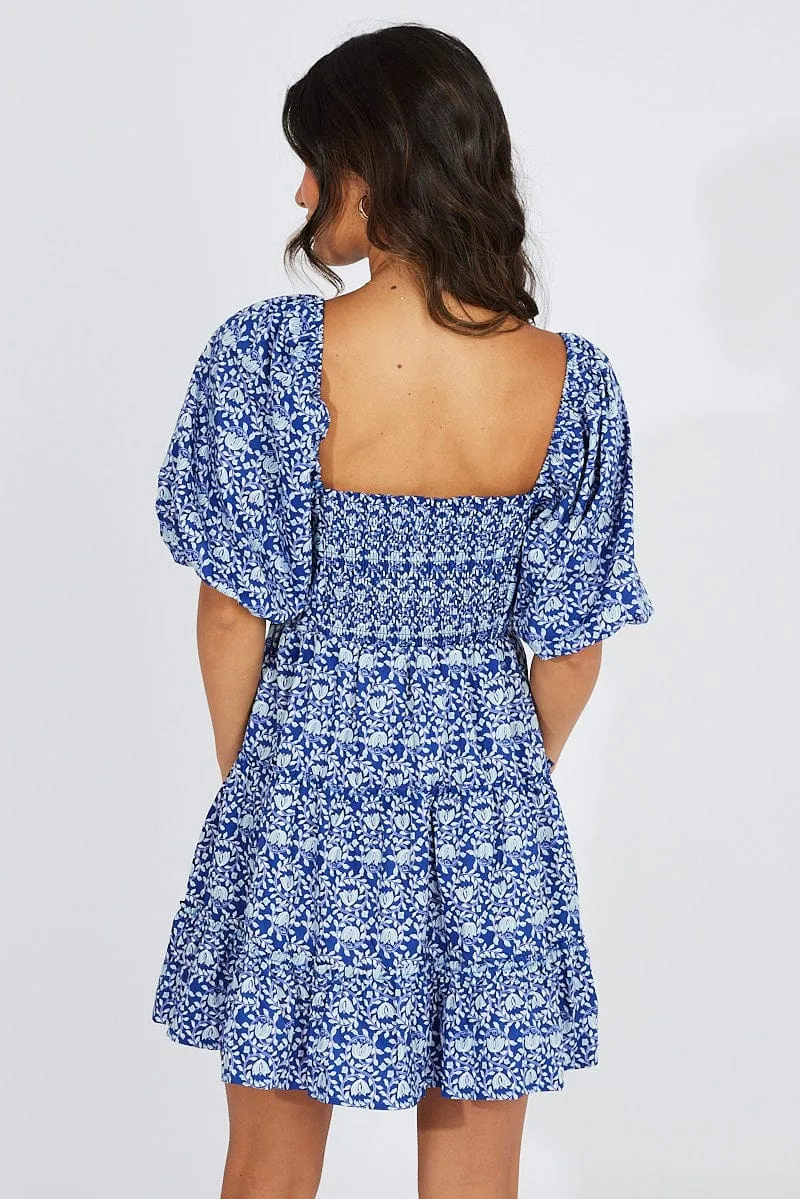 Convertible Neckline Glow Rush Blue Floral Fit And Flare Mini Dress Puff Sleeve