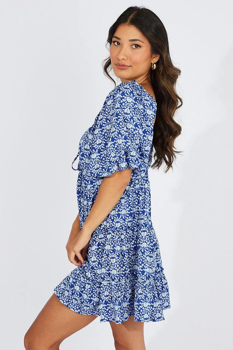 Weighted Hem Flirty summer piece Blue Floral Fit And Flare Mini Dress Puff Sleeve