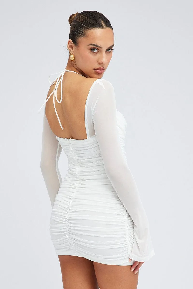 White Mini Dress Long Sleeve Halter Bodycon Ruched Mesh Weighted Hem