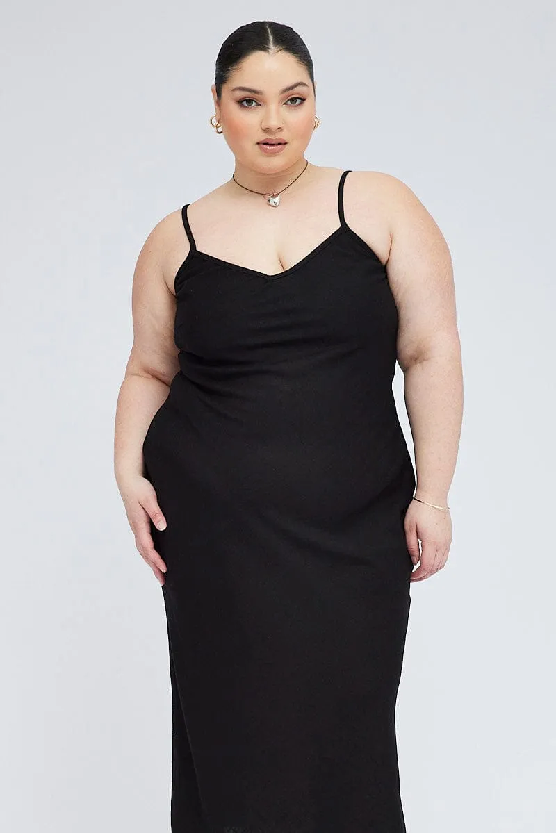 Black Midi Slip Dress Linen Blend Elegant Appearance