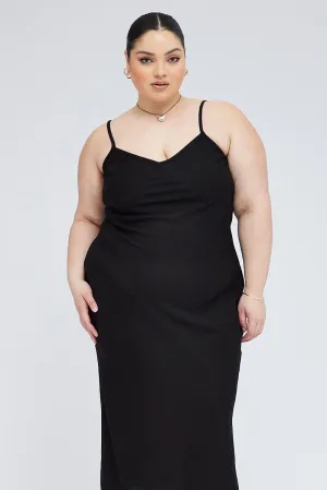 Black Midi Slip Dress Linen Blend Elegant Appearance