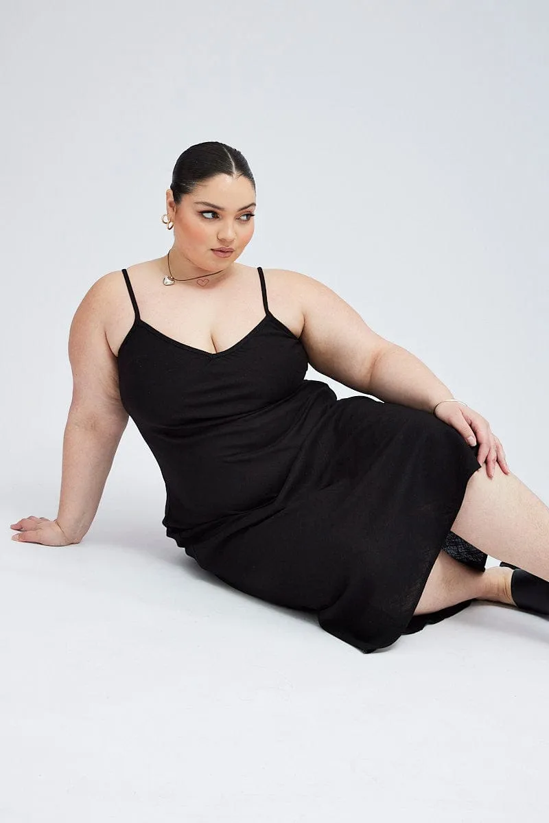 music concert Black Midi Slip Dress Linen Blend