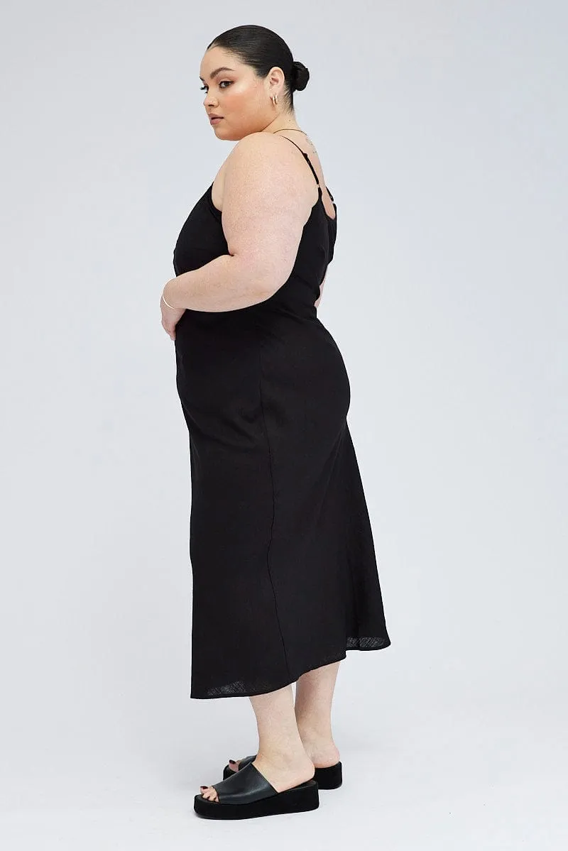 Soft Grace Black Midi Slip Dress Linen Blend
