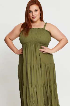 Green Midi Dress Square Neck Sleeveless Flattering Silhouettes Dew Drop