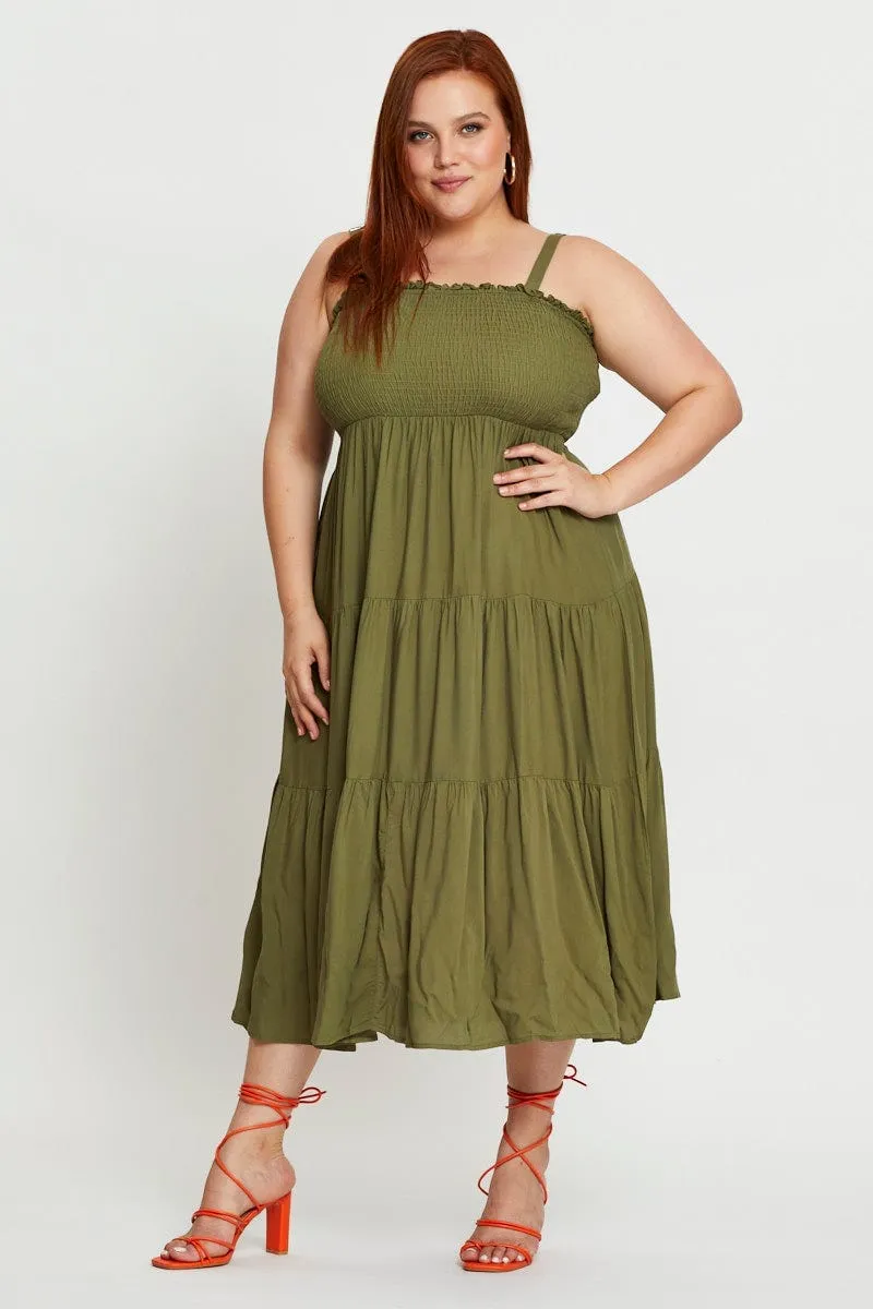 Green Midi Dress Square Neck Sleeveless Daily Office Minimalist Girl