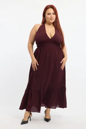 Red Midi Dress Sleeveless Halter Neck Textured Cozy Wrap