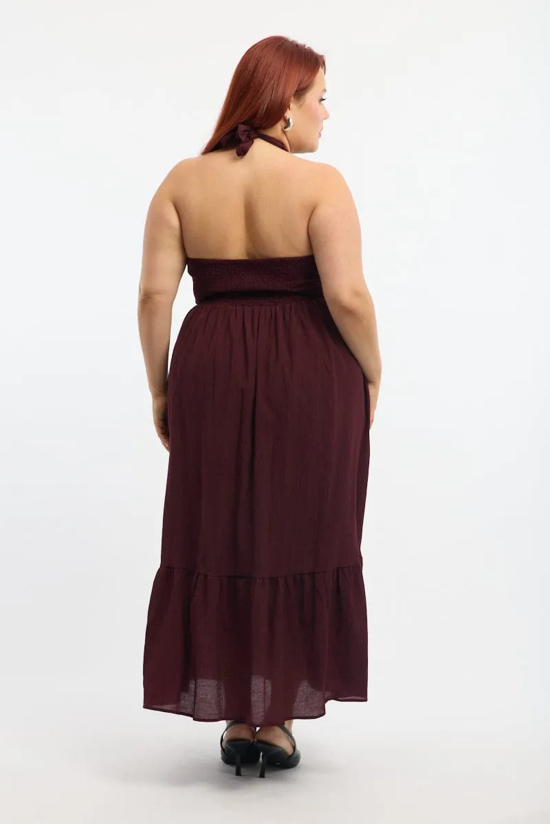 Stylish Essentials Leaf Song Red Midi Dress Sleeveless Halter Neck Textured