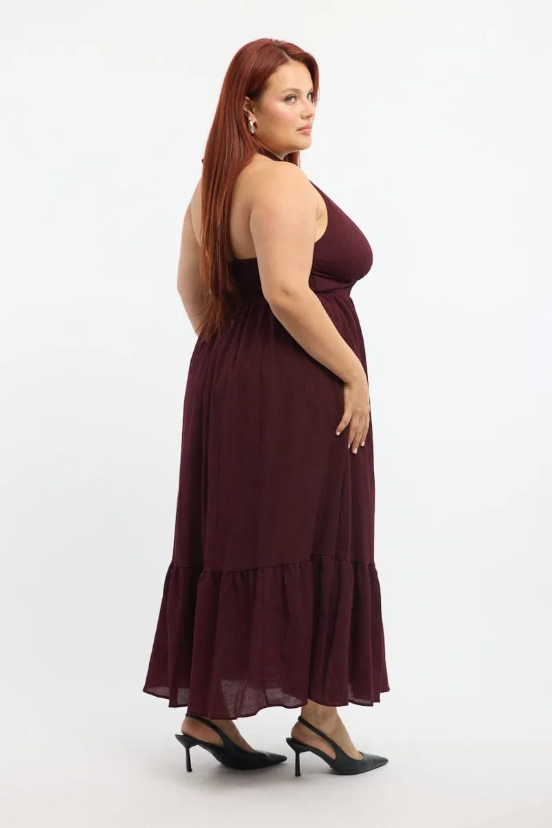 Crisp Wind Red Midi Dress Sleeveless Halter Neck Textured