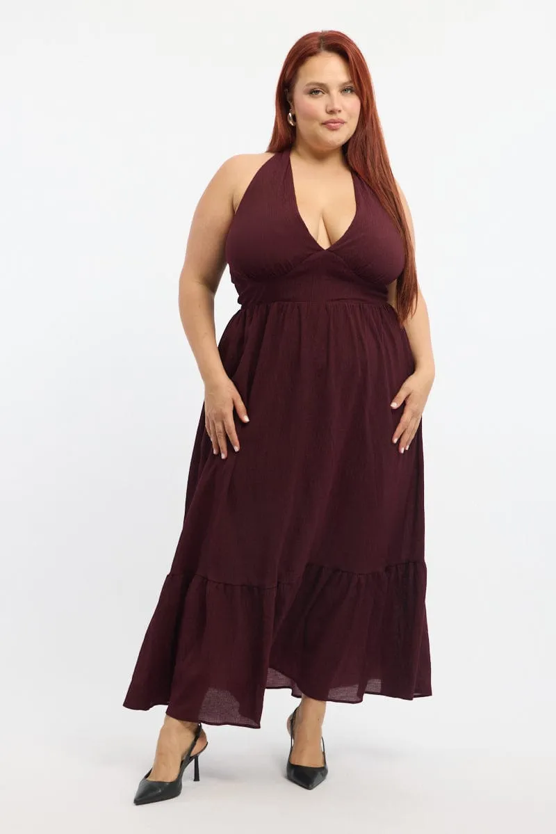 Red Midi Dress Sleeveless Halter Neck Textured Cozy Wrap