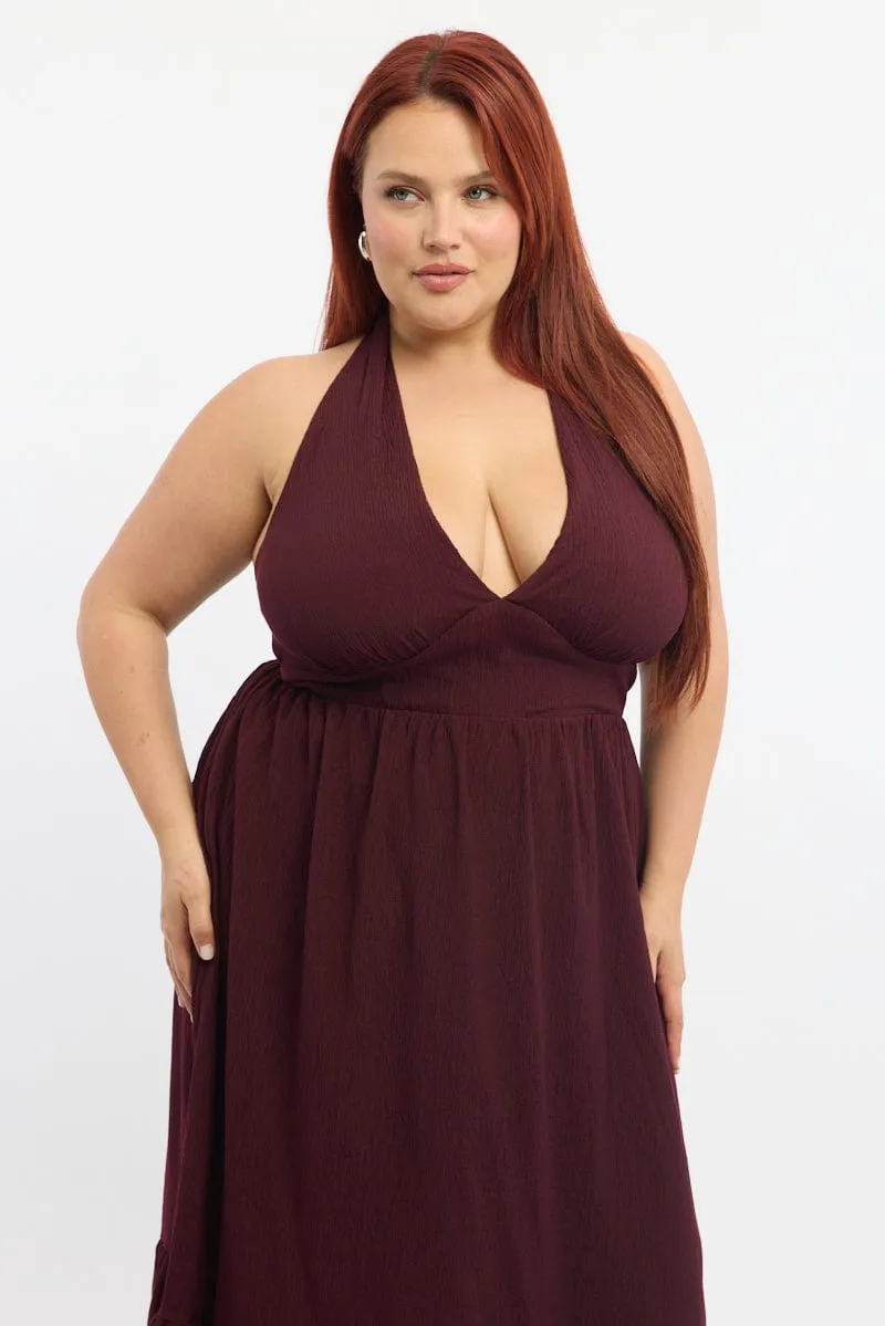 Urban Ethnic Red Midi Dress Sleeveless Halter Neck Textured