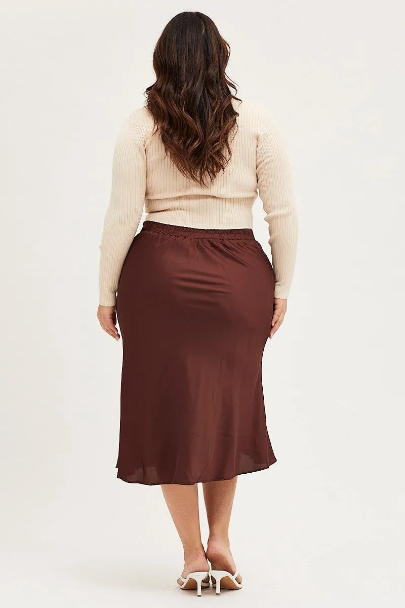 Outfit Ideas Road Trip Brown Midi Satin Skirt Elastic Waist