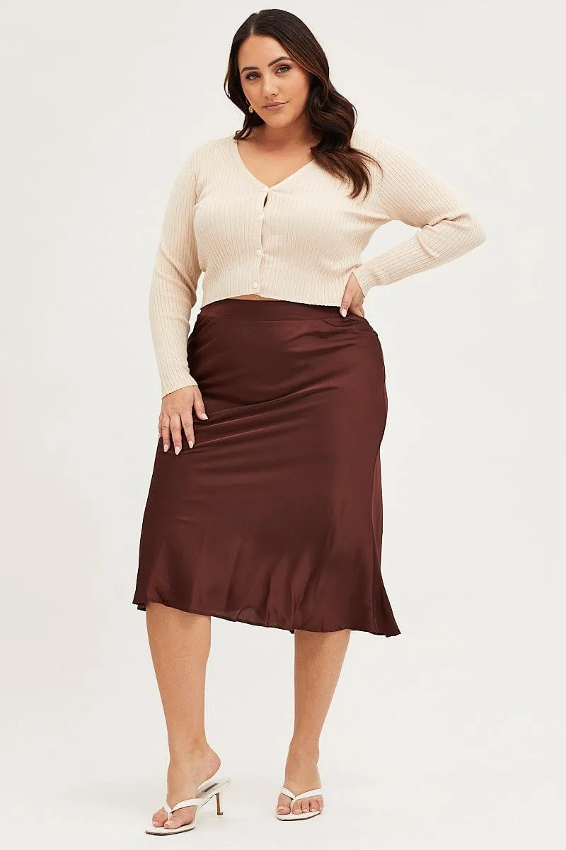 Chic Attire Double Layer Brown Midi Satin Skirt Elastic Waist
