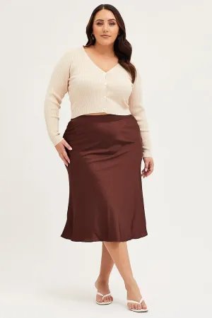 Brown Midi Satin Skirt Elastic Waist Reimagined Classic Subtle Shimmer