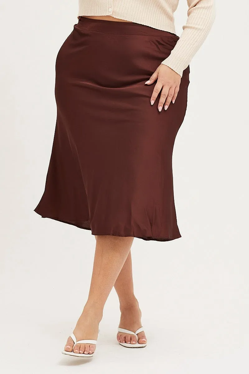 Brown Midi Satin Skirt Elastic Waist Structured Shape