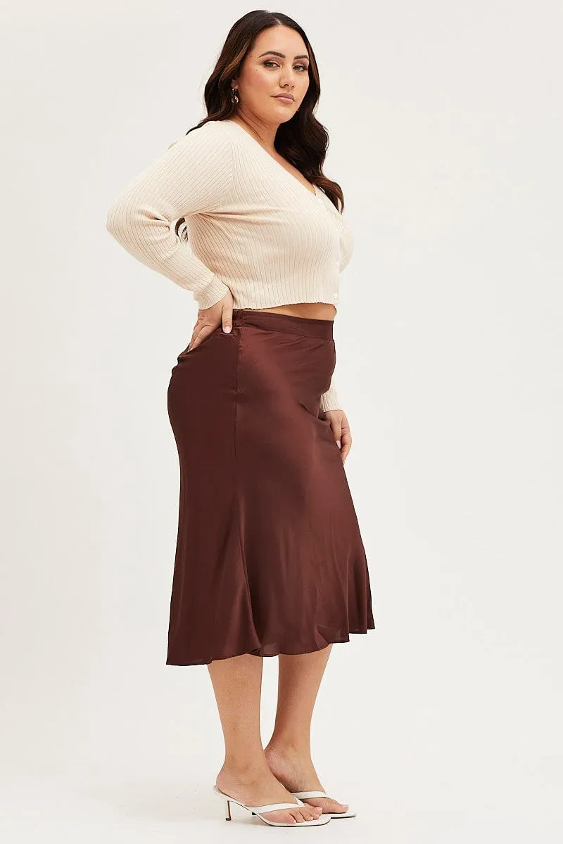 Brown Midi Satin Skirt Elastic Waist Lightweight Fabric Innovative Fabric