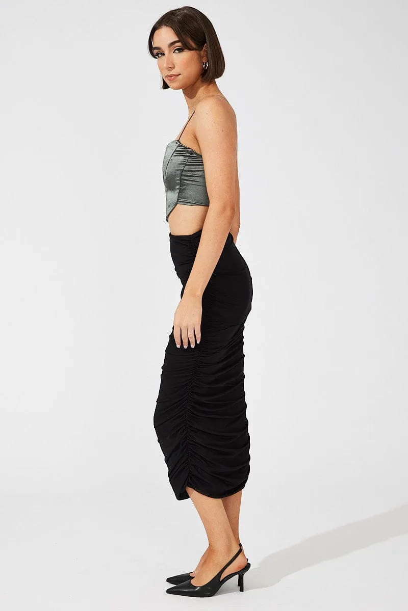 Sustainable Fabric Modern Outfit Black Abstract Midi Skirt Side Ruched Mesh